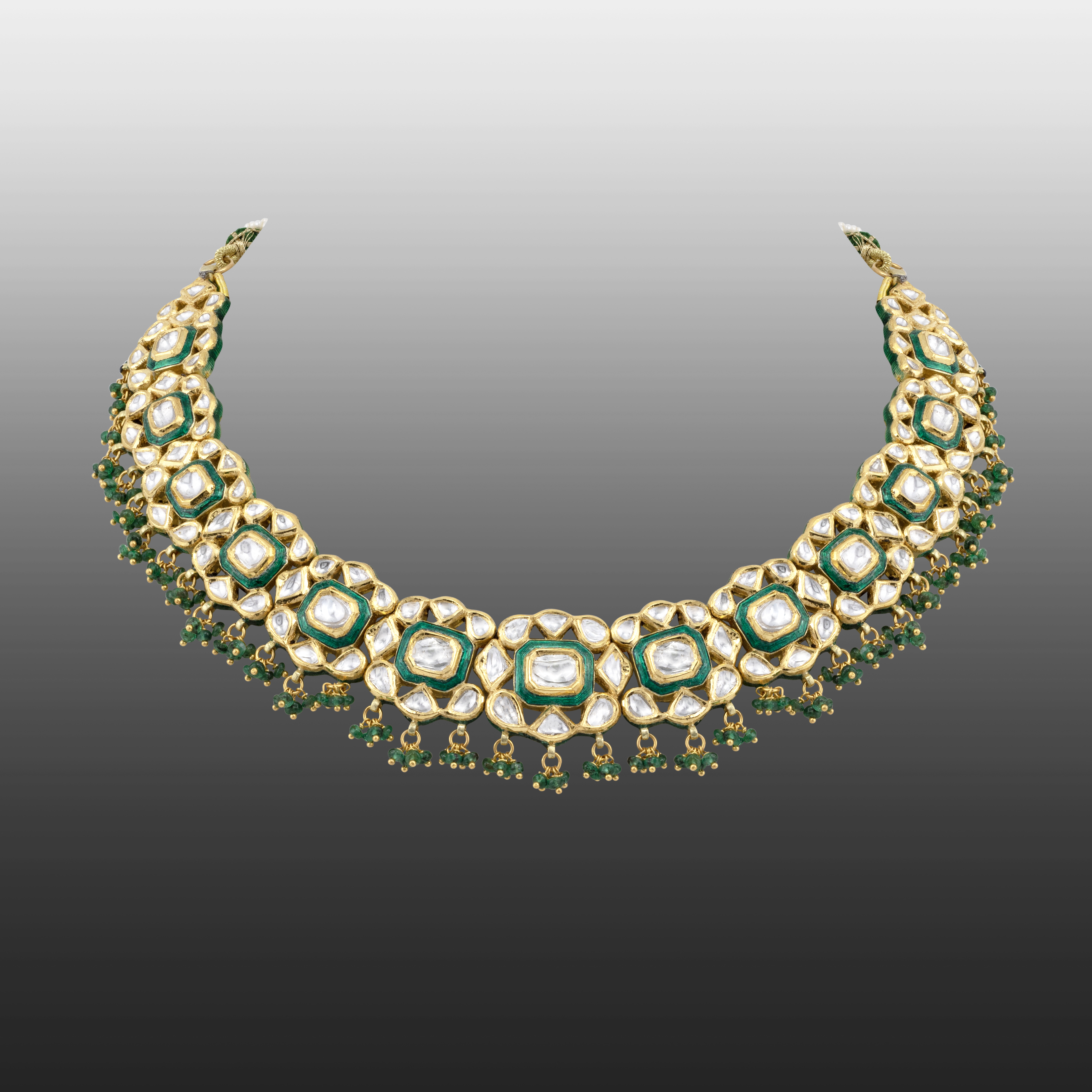 Green Enamel Polki Necklace with Emerald Beads